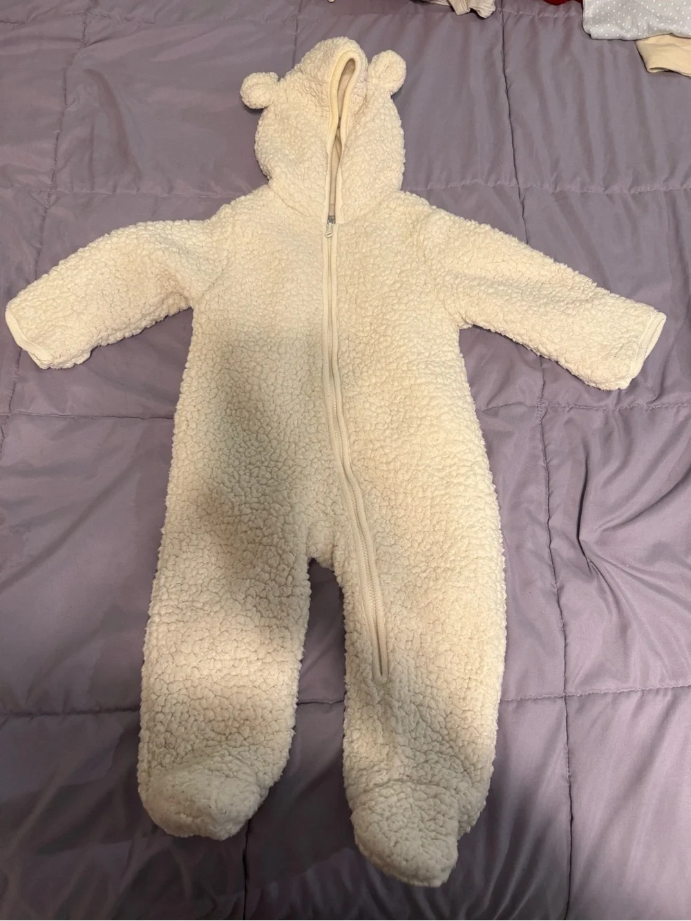The Children's Place Baby Sherpa Bear Bunting Suit 6-9M Cream Hooded Footed